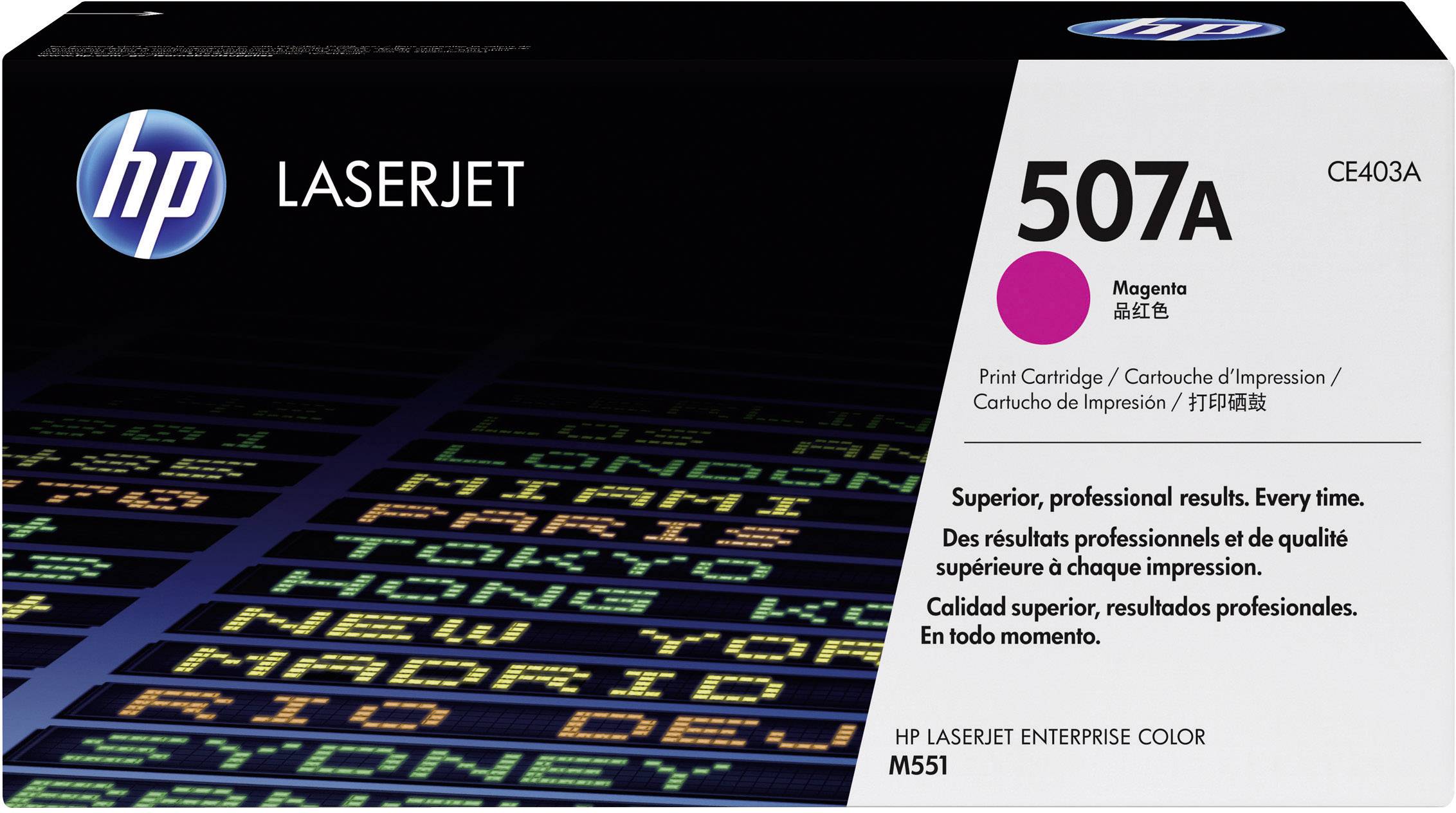 'Cartuccia toner Magenta HP LaserJet 507A', confezione che enfatizza risultati di stampa professionali e qualità, etichetta del prodotto in più lingue.