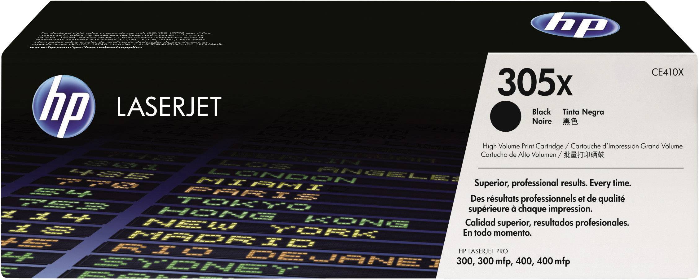 Cartuccia toner 'HP LaserJet 305X' in colore nero. La confezione mostra un elenco di nomi di città. Contiene testo sulla qualità di stampa eccezionale.