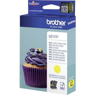 Confezione di una cartuccia di inchiostro Brother LC123Y in giallo. Raffigurato un cupcake con glassa viola e spruzzi di zucchero.