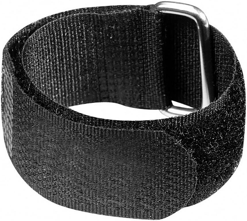 Fascetta in velcro nero con passante metallico, arrotolata per fissare o organizzare cavi e oggetti.