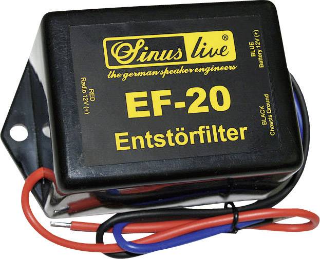 Filtro antidisturbo EF-20 di Sinuslive, nero, con cavi di connessione in rosso, blu e nero. Testo sul filtro: 'the german speaker engineers'.