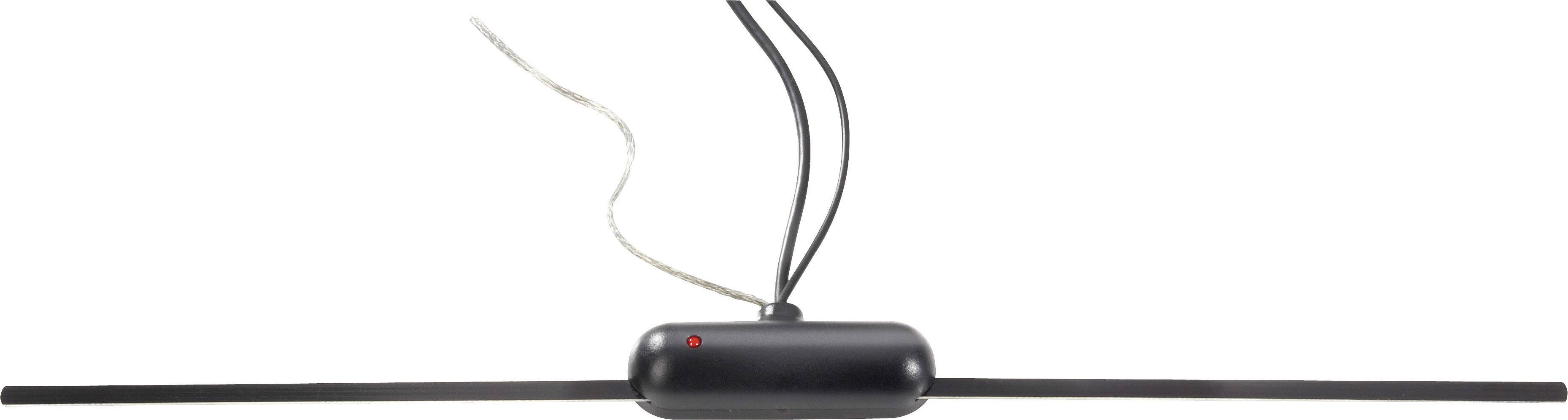 Un'antenna FM orizzontale nera con amplificatore integrato e due aste pieghevoli per migliorare la ricezione radiofonica.
