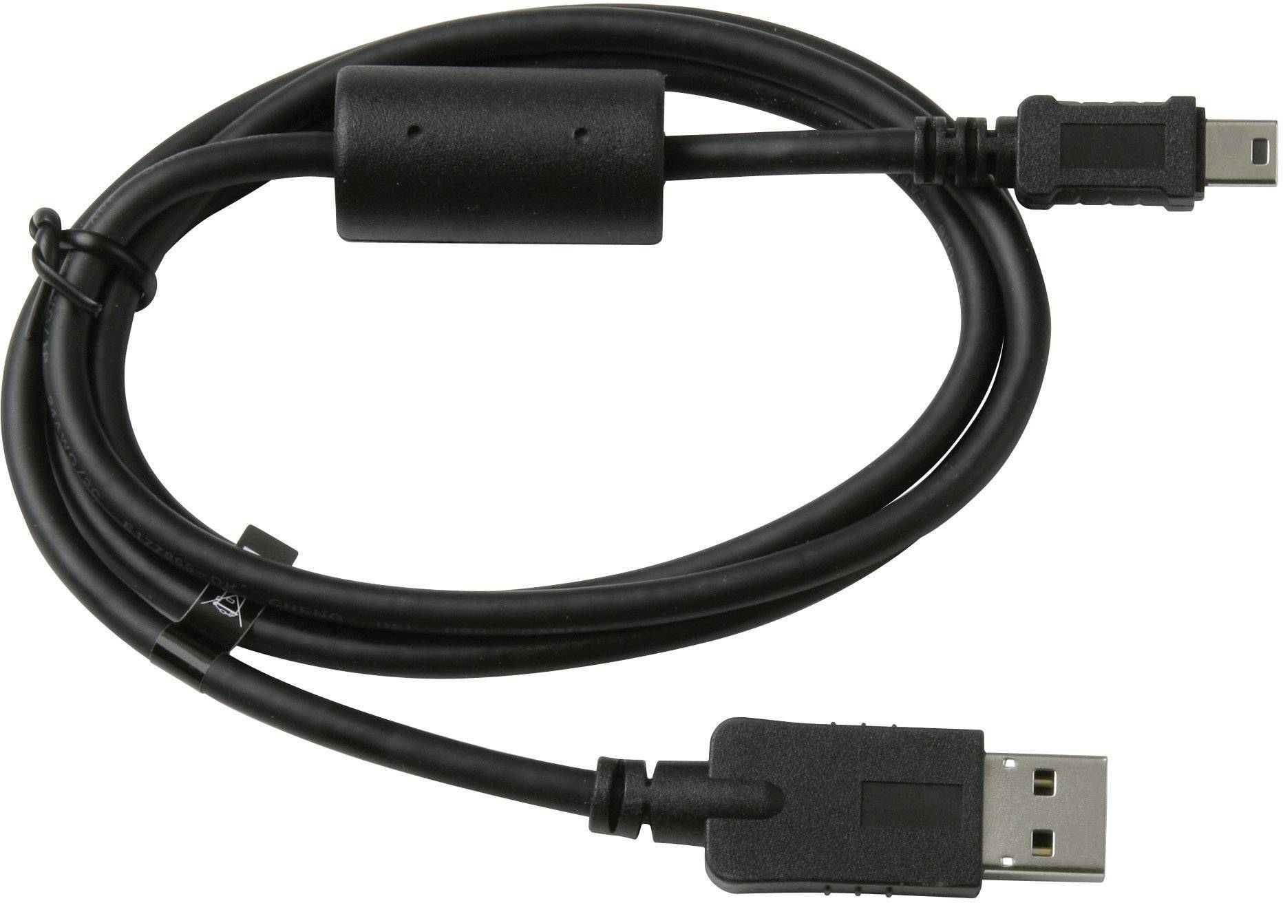 Cavo USB nero con connettore USB standard e connettore Mini-USB, adatto per la ricarica e il trasferimento dati.