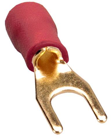 Scarpa terminale rossa con morsetto a forcella dorato per connessioni elettriche, raffigurata frontalmente su sfondo bianco.