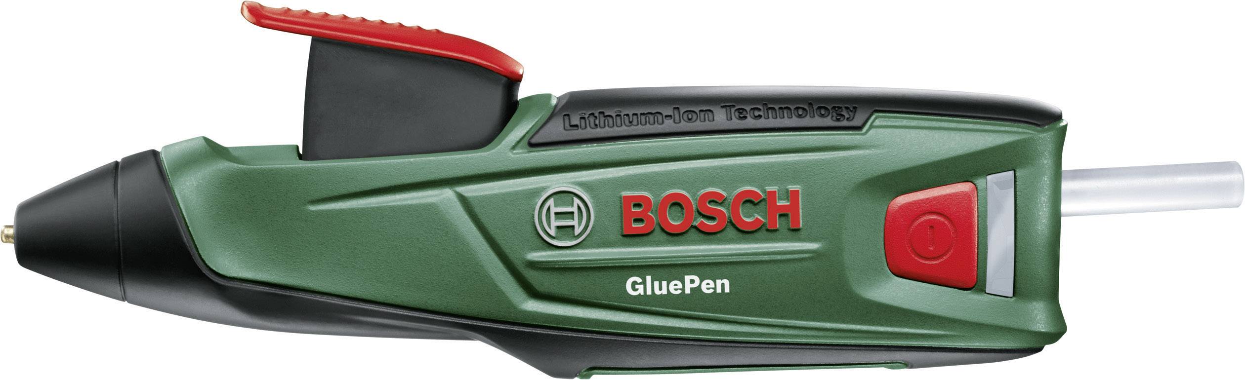 Stick colla con tecnologia agli ioni di litio in involucro verde, con pulsante rosso e impugnatura nera. Logo del marchio 'BOSCH' sul lato.