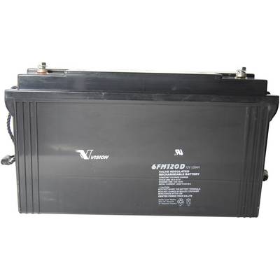 Batteria nera con scritta 'Vision 6FM120D' e specifiche tecniche. Forma rettangolare, utilizzata per l'immagazzinamento di energia in dispositivi.