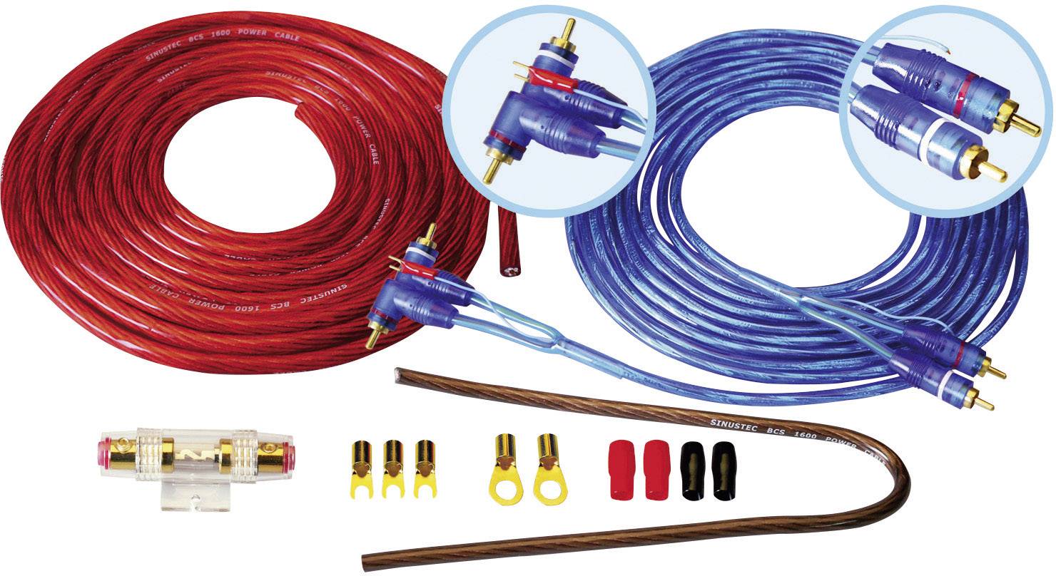 Un set di cavi con cavi audio rossi e blu, connettori e accessori. Adatto per collegare componenti audio.