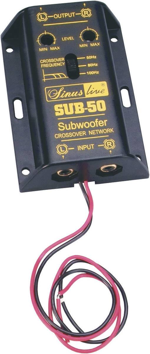 Crossover elettronico 'Sinus Live SUB-50' con frequenza di crossover regolabile e connessioni via cavo per subwoofer.