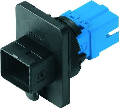 Connettore in plastica di colore nero e blu, compatibile per applicazioni tecniche in campo elettrotecnico.