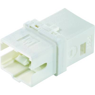 Spina in plastica bianca, rettangolare, con scanalature e chiusura a clip. Adatta per connessioni elettriche.