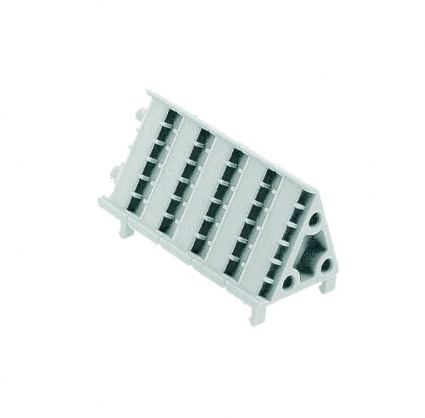 Un pezzo in plastica grigio a forma di triangolo con diversi tagli paralleli, probabilmente parte di un giocattolo da costruzione.