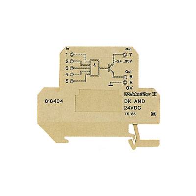 Uno schema di etichettatura per relè Weidmüller con schema elettrico per DK AND, 24VDC. Mostra i collegamenti di ingresso e uscita e i dettagli tecnici.