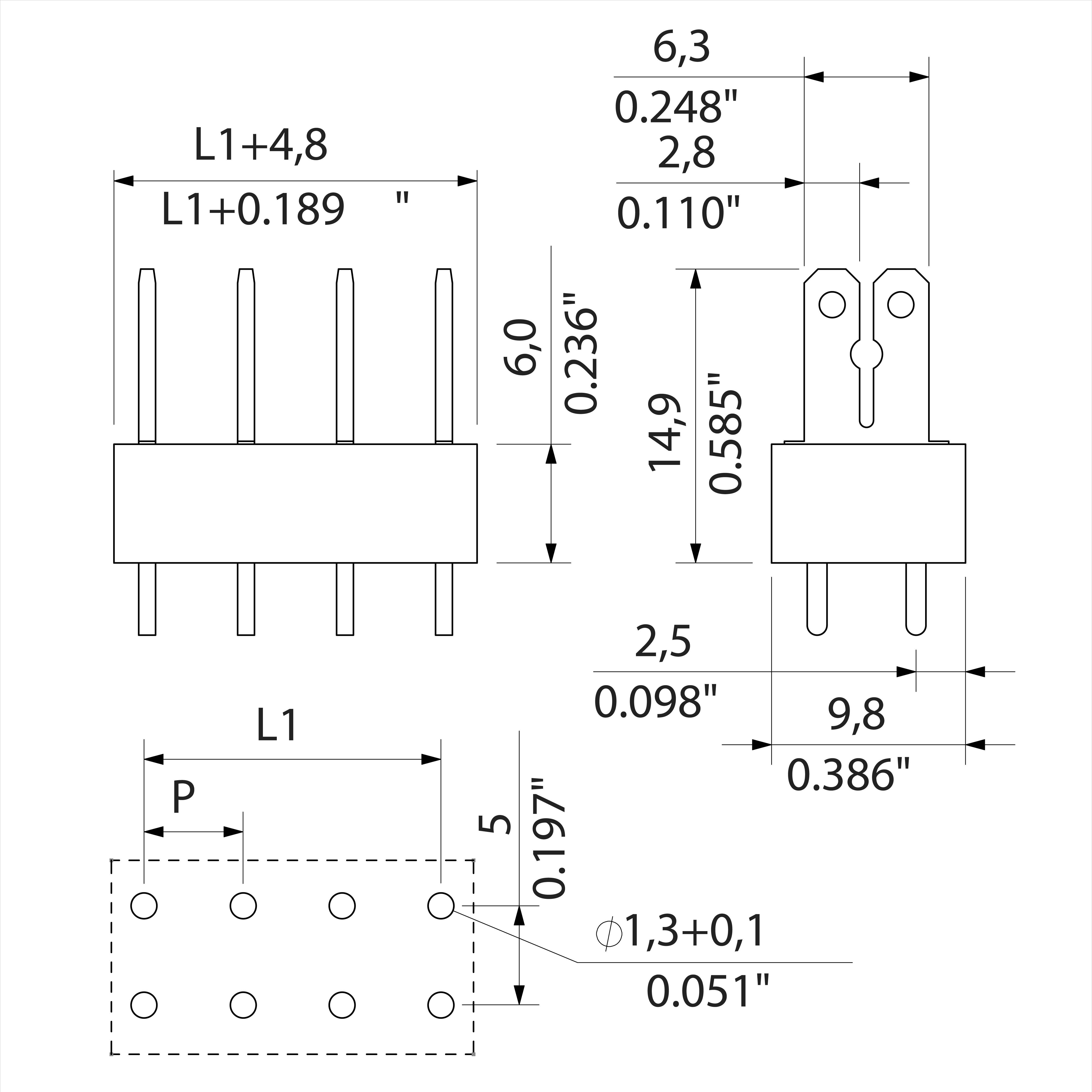 Disegno tecnico di un connettore con misure in millimetri e pollici. Dimensioni principali: larghezza 6,3 mm, altezza 14,9 mm. Mostra la disposizione dei pin e lo schema dei fori.