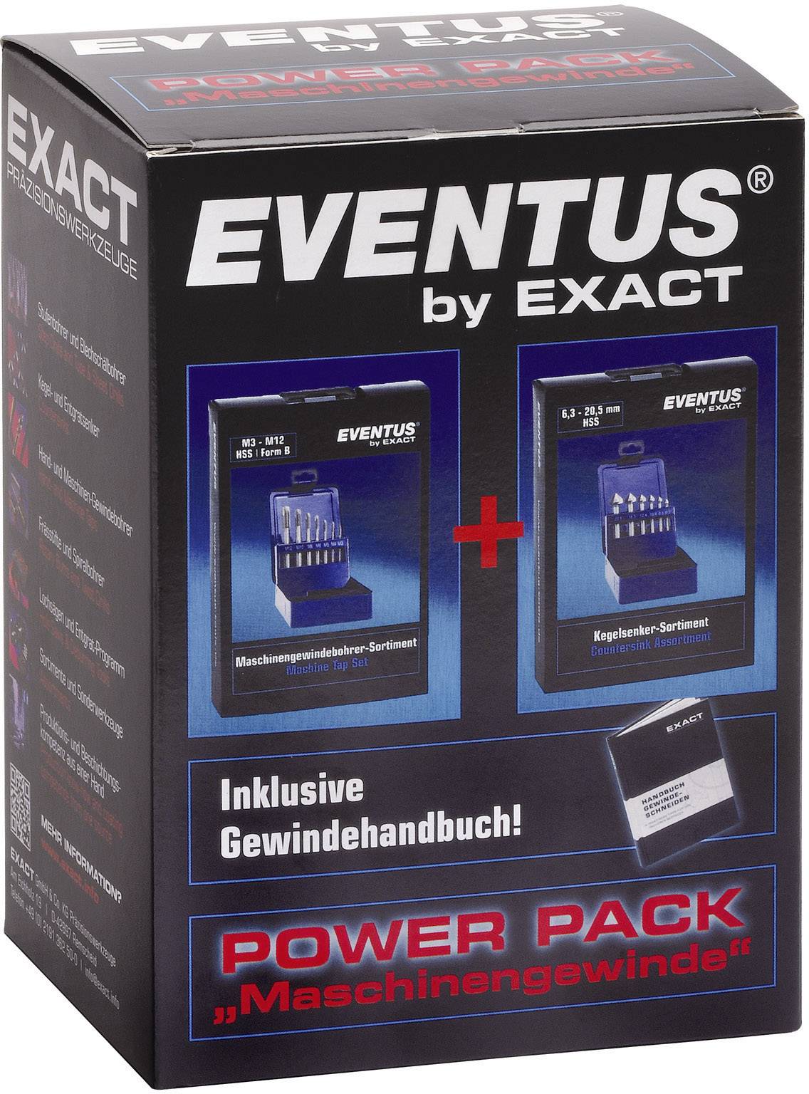'Eventus by Exact' confezione con set di maschi da filettatura e manuale, pubblicizzata come 'Power Pack Filettatura Meccanica'.