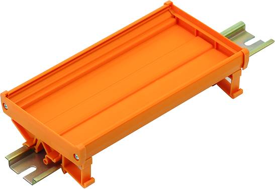Adattatore di supporto arancione in plastica per montaggio su guida DIN, che mostra la guida e il meccanismo di fissaggio.