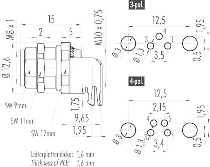 Disegno tecnico di un connettore. Dimensioni e distanze indicate. Spessore della scheda di circuito stampato: 1,6 mm. Diverse viste.