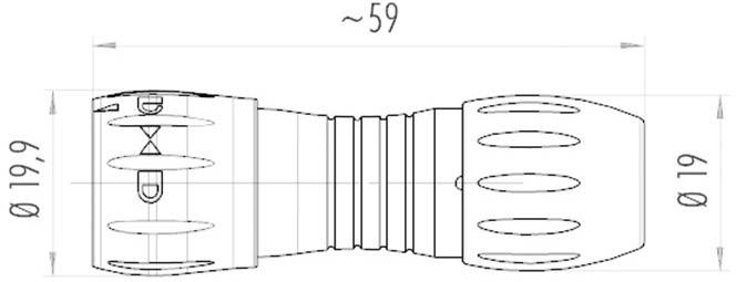 Disegno tecnico di un adattatore con le seguenti dimensioni: lunghezza ca. 59 mm, diametro 19,9 mm a sinistra e 19 mm a destra.