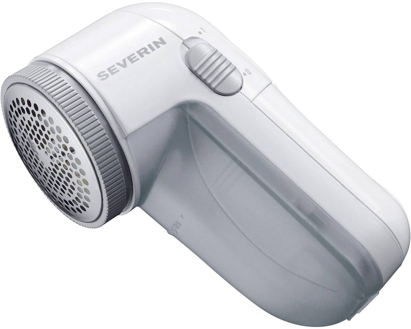 Un rasoio portatile bianco per rimuovere pelucchi, con impugnatura grigia e interruttore, adatto a rimuovere pelucchi e lanugine dai capi di abbigliamento.