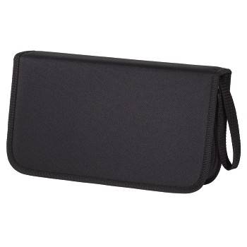 Borsa nera rettangolare con cerniera e maniglia di trasporto, adatta per conservare o trasportare piccoli oggetti.