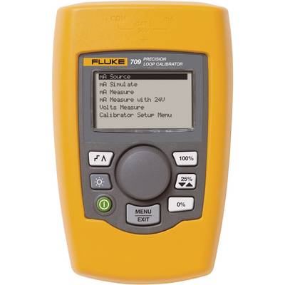 Un calibratore di precisione Fluke 709 arancione con display mostra opzioni per la misurazione e simulazione della corrente. Comandi sottostanti.