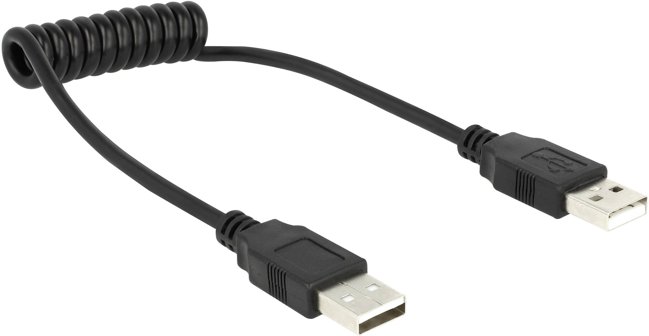 Cavo USB nero con spirale centrale e due connettori USB alle estremità. Ideale per connessioni flessibili.