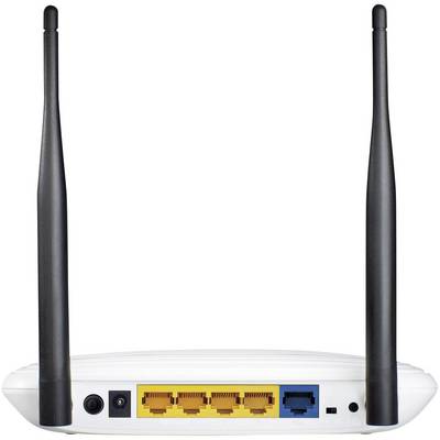 Un router Wi-Fi con due antenne e diversi porte LAN sul retro per la connessione di rete.