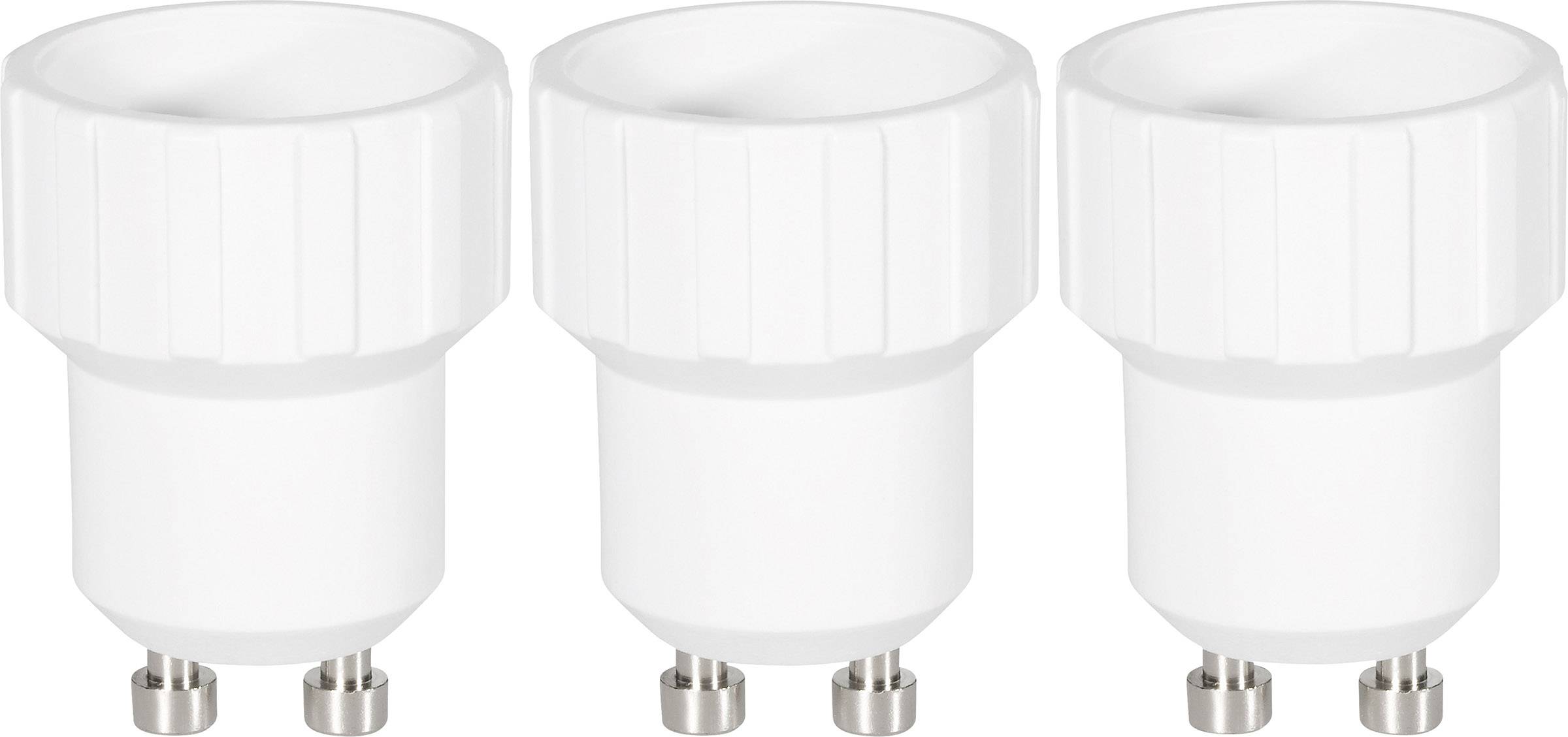 Tre portalampade bianchi GU10 affiancati, adatti per lampadine LED o alogene, su sfondo bianco.