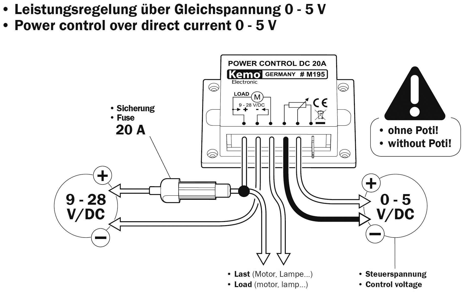 Regolazione della prestazione tramite tensione continua 0 - 5 V, mostra schema di collegamento per controllore DC. Ingresso 9-28 V/DC, fusibile 20 A, senza potenziometro.