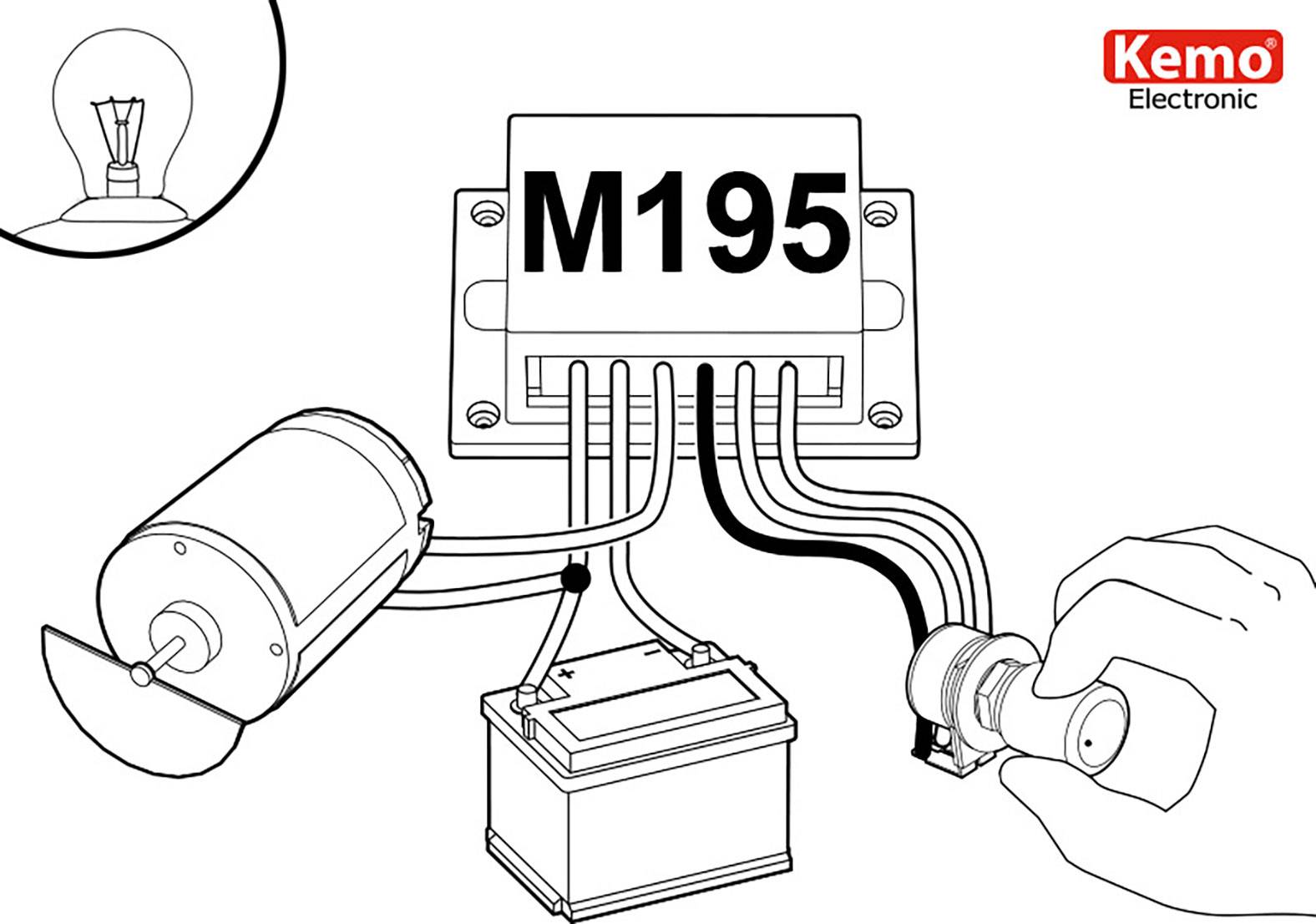 Schema elettrico per il modulo M195 di Kemo Electronic: Mostra il collegamento di motore, batteria, lampada e manopola di regolazione.