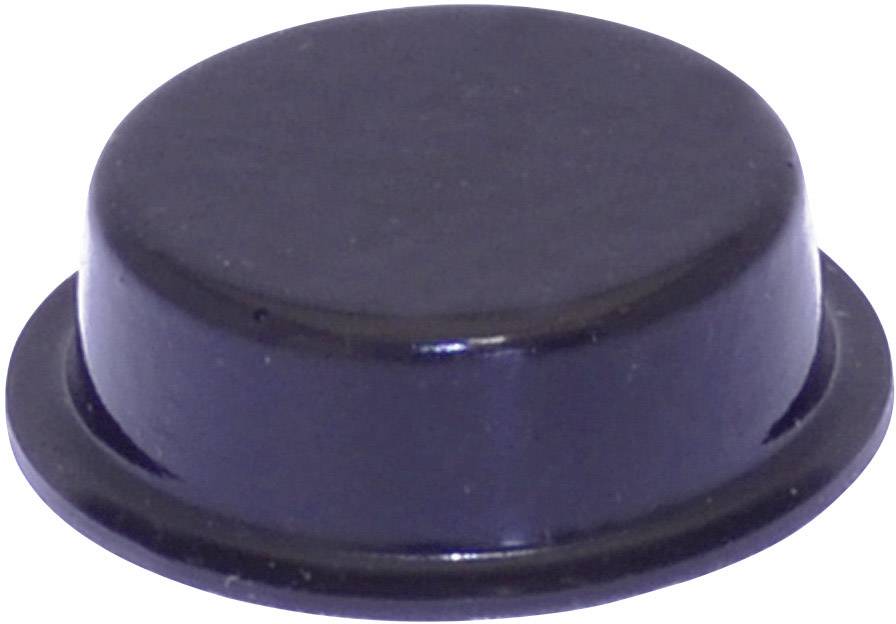 Coperchio nero rotondo in plastica con profilo piatto e bordo leggermente rialzato, presumibilmente utilizzato come cappuccio protettivo o di copertura.