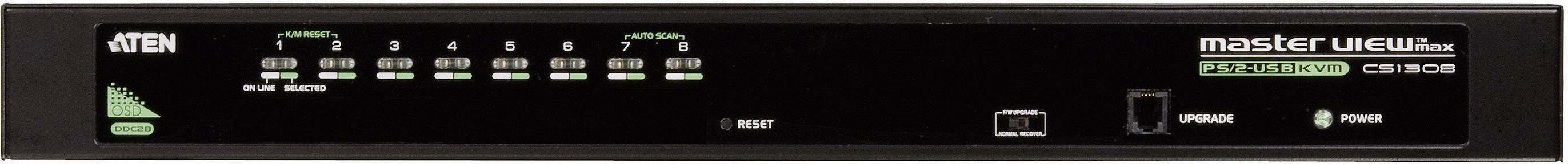 Un interruttore KVM ATEN, modello Master View Max CS-9138, con otto porte e spie luminose. Il dispositivo serve a controllare più computer.