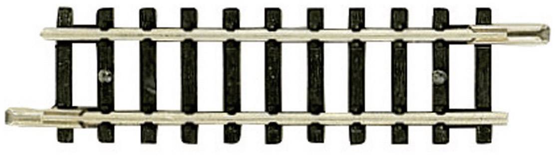 Tratto di binario di un sistema di modellismo ferroviario con traverse nere e rotaie argentate, allineato al centro dell'immagine.