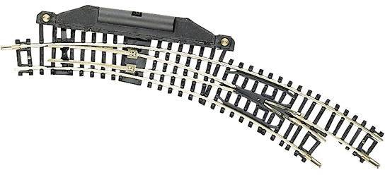 Una deviazione ferroviaria per modellismo con due binari paralleli, uno in direzione dritta e uno in direzione curva.