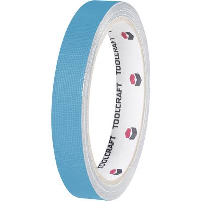 Un nastro adesivo blu con la scritta 'Toolcraft' sul lato interno del rotolo. Viene utilizzato per mascherare o fissare materiali.
