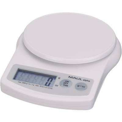 Una bilancia digitale bianca con display LCD, che mostra 0 grammi. Tasti: On/Off, Tara, g/oz. Marca: MAUL Alpha.