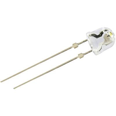 Un singolo LED bianco con due attacchi metallici che fuoriescono da un involucro trasparente.