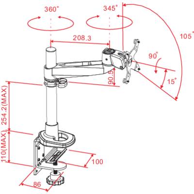Disegno tecnico di un braccio per monitor con dimensioni: angolo di rotazione di 360° e 345°, angolo di inclinazione da 80° a 15°, altezza 100-254 mm.