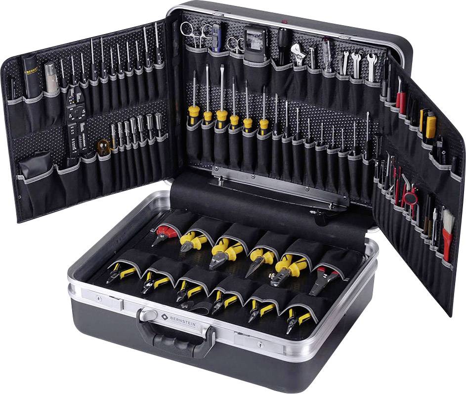 Valigetta degli attrezzi con scomparti aperti, riempita con diversi utensili come cacciaviti, pinze e chiavi inglesi.