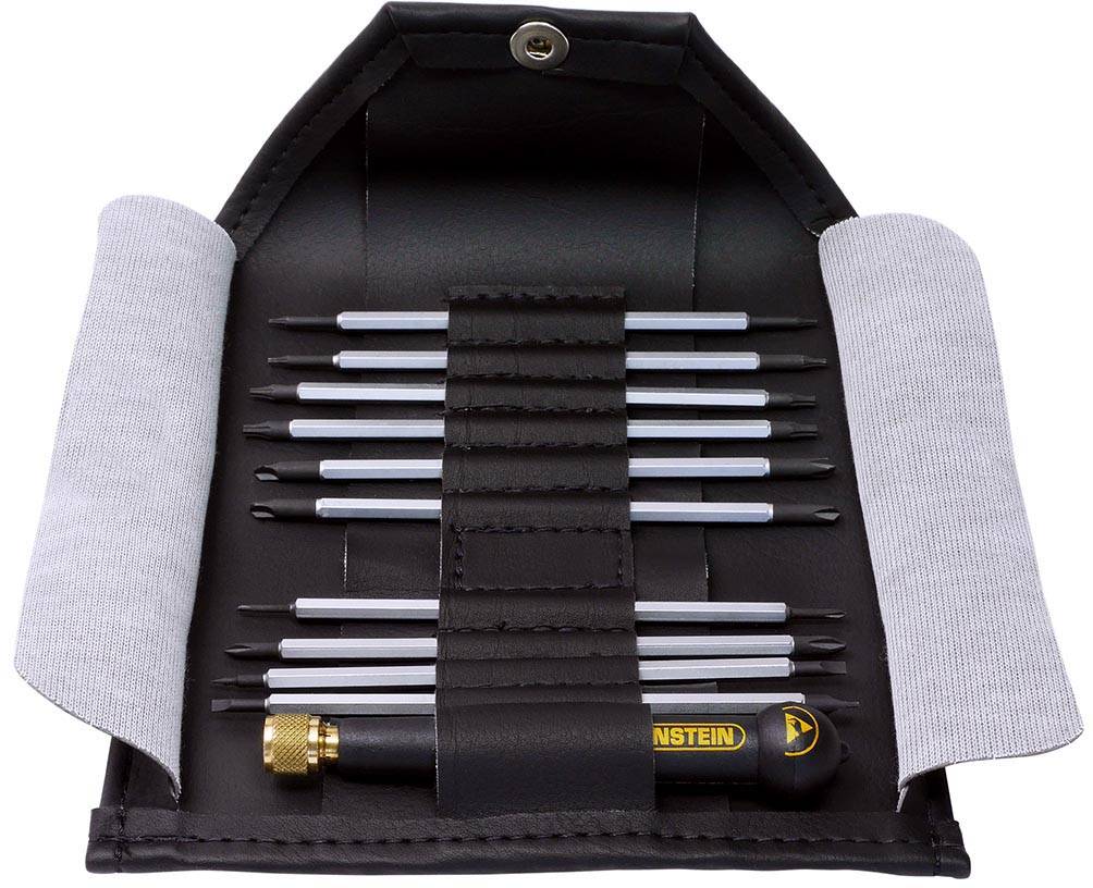 Set di utensili in una borsa nera aperta con diversi cacciaviti di varie dimensioni e un manico con il logo 'Wiha'.