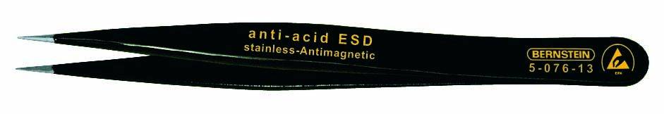 'Pinzetta in acciaio inossidabile nero antimagnetico con incisione: anti-acid ESD, acciaio inossidabile-Antimagnetico. Numero modello 5-076-13, marca Bernstein.'