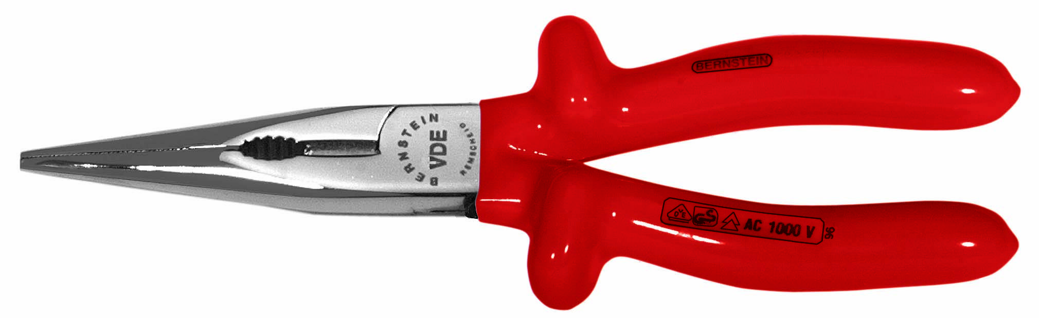 Una pinza a becchi appuntiti rossa, isolata, con la scritta 'VDE' sulla lama metallica, idonea per lavori fino a 1000 volt.
