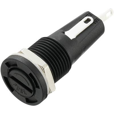 Un portafusibile nero e argento in plastica e metallo con filettatura e morsetto di connessione, per il montaggio in un dispositivo.
