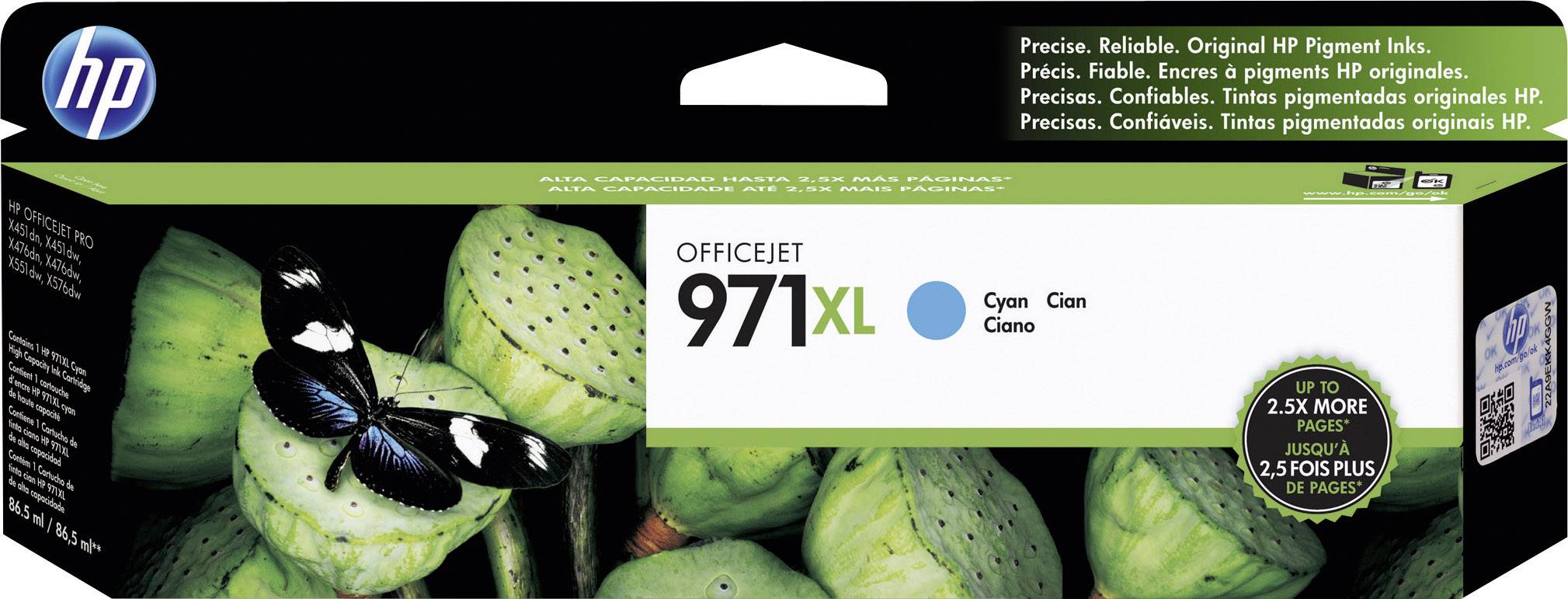Cartuccia d'inchiostro HP Officejet 971XL in Ciano. La confezione presenta un motivo a farfalla su foglie verdi. Il testo enfatizza l'originalità e l'affidabilità degli inchiostri HP.