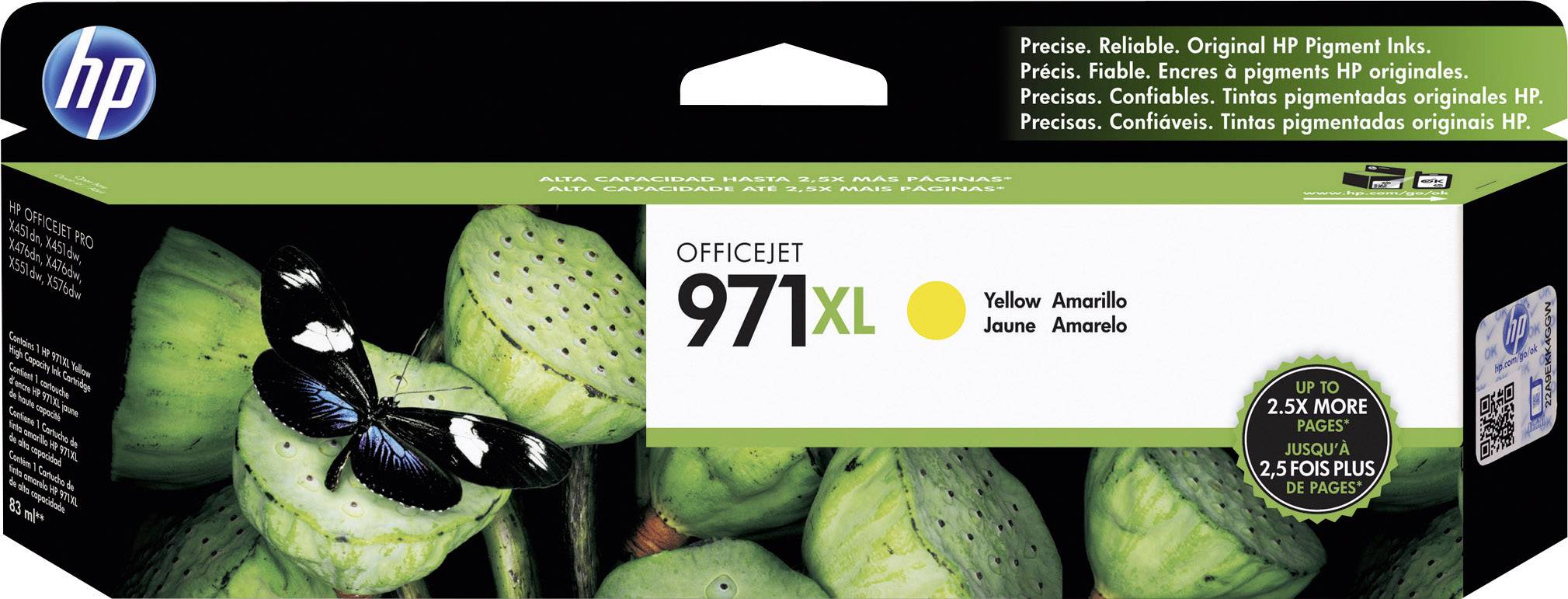 La confezione di una cartuccia per stampante HP Officejet 971XL, colore giallo. Un'immagine mostra una falena nera su foglie verdi.