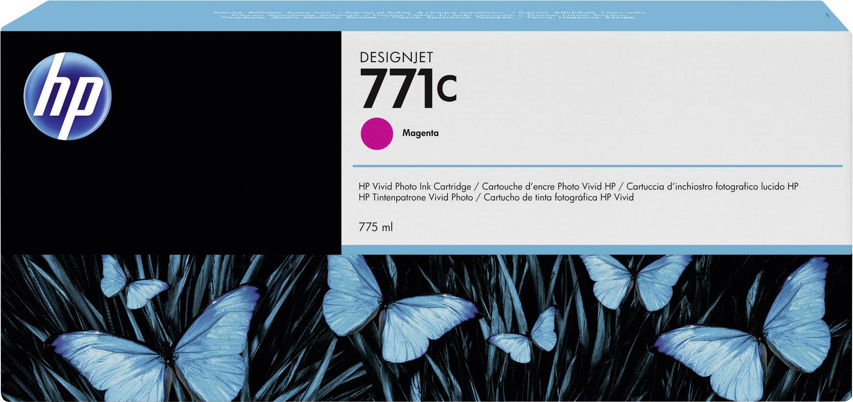 Cartuccia d'inchiostro HP DesignJet 771C in Magenta, 775 ml, ideale per stampe fotografiche vivide. Confezione con farfalle blu.