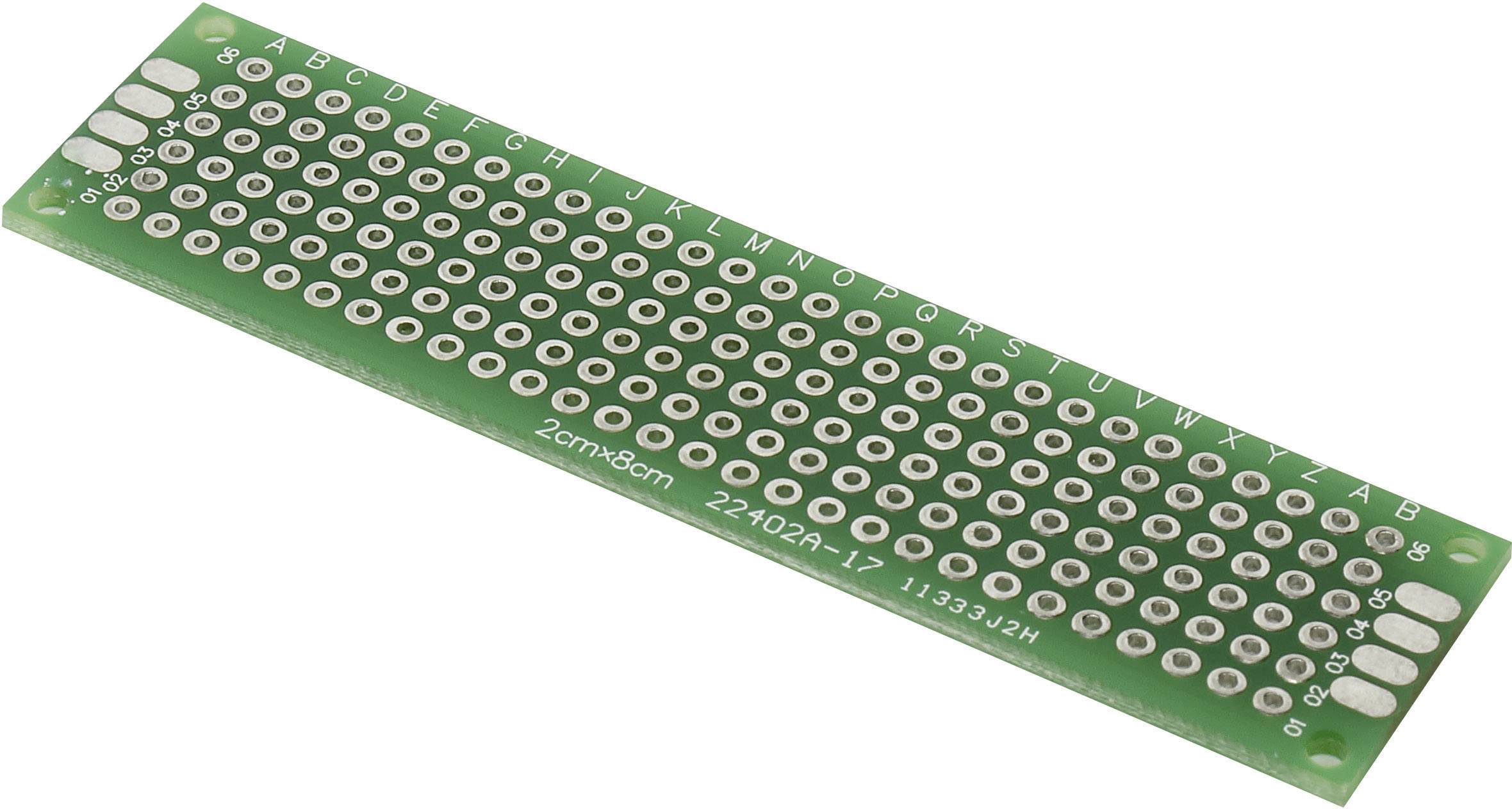 Scheda millefori verde, rettangolare, con numerosi fori per il montaggio di componenti elettronici. Dimensioni: 2 cm x 8 cm.