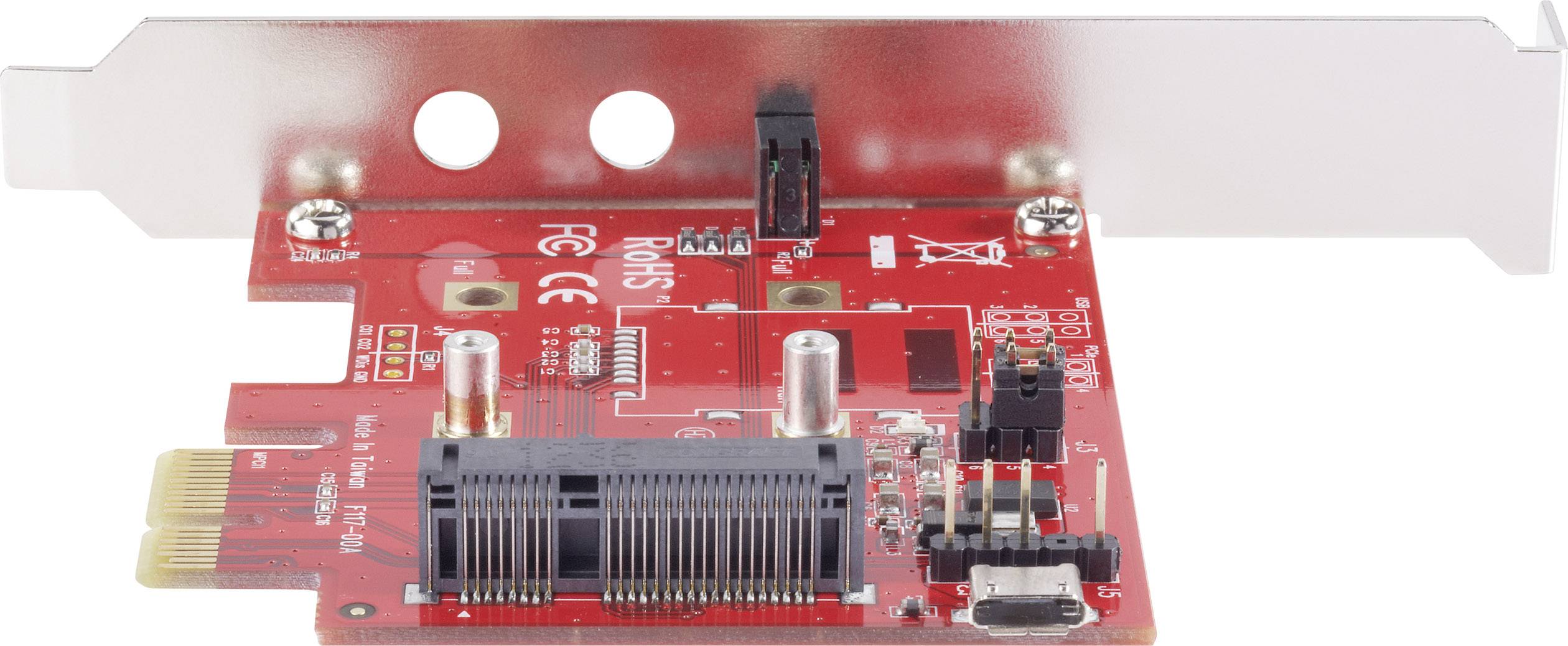 Scheda di rete PCIe rossa con due indicatori LED e porta USB-C, montabile all'interno di un case per computer.