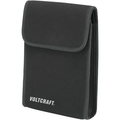 Una borsa nera con chiusura a strappo, con sopra scritto 'Voltcraft'. È utilizzata per conservare o trasportare dispositivi.