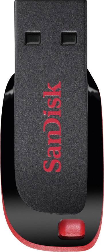Chiavetta USB nera con logo 'SanDisk' rosso. Forma rettangolare con angoli arrotondati.