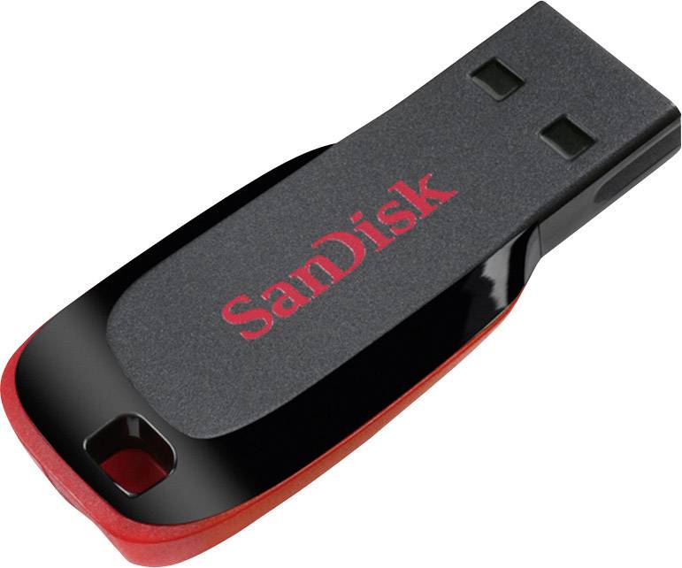 Una chiavetta USB SanDisk nera e rossa.